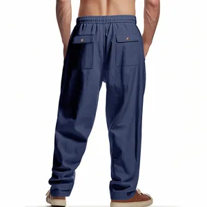 Vue arrière du pantalon décontracté en lin bleu marine pour hommes avec poches.