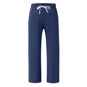 Pantalon décontracté en lin bleu marine pour hommes avec cordon de serrage blanc ajusté