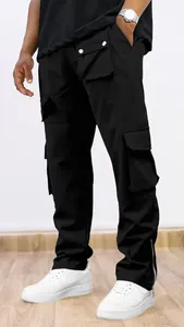 Detailed view of men's black multi-pocket cargo pants with stylish ankle zippers