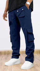 Detailed view of men's navy blue multi-pocket cargo pants for outdoor casual wear