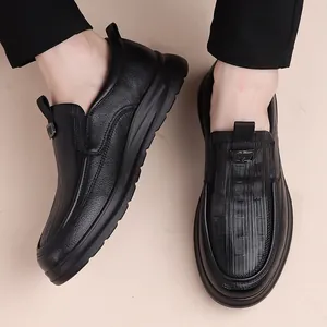 Elegant men's black genuine leather slip-on business casual shoes with thick soles