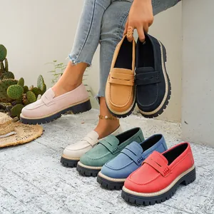 Gedetailleerde weergave van gekleurde platform loafers met een matte afwerking.