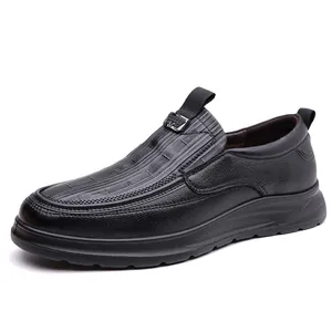 Classic black genuine leather slip-on loafers for men featuring decorative metal buckle