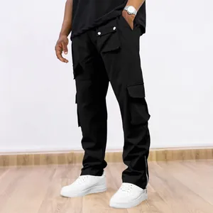 Men's solid black high-quality multi-pocket cargo pants for outdoor casual wear