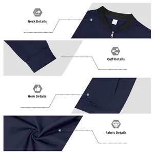 Detailansicht der dunkelblauen Herrenjacke mit Kragen, Manschetten, Saum und Stofftextur.