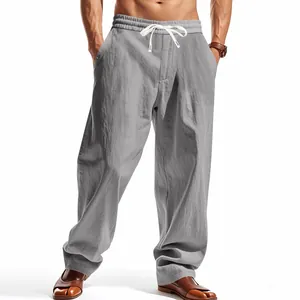 Pantalon en lin léger gris clair pour homme avec taille élastique à cordon et coupe large