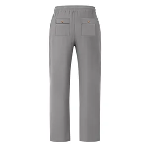 Vue arrière du pantalon décontracté en lin gris pour hommes avec détails de poches