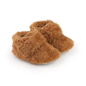 Cozy brown fluffy baby booties for infants 0-1 year old, soft toddler walking shoes