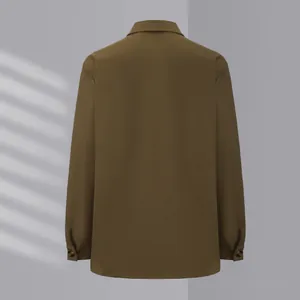 Back view of a men's loose vintage cargo hunting jacket with lapel in olive brown