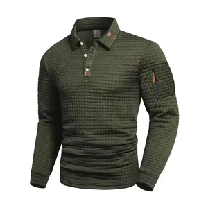 Polo da uomo a maniche lunghe verde oliva con trama a nido d'ape e tasca con zip