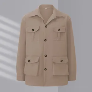 Vintage khaki multi-pocket safari jacket for men featuring a classic lapel collar design