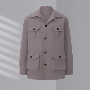 Men's vintage dusty purple utility safari jacket with four flap pockets and lapel collar