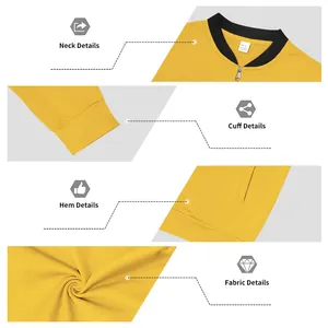 Detailed views of a yellow men's casual bomber jacket highlighting the collar and fabric texture