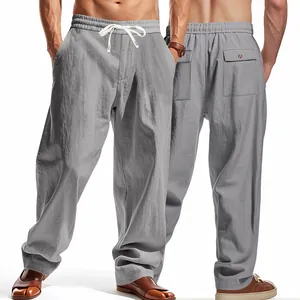 Vue détaillée montrant l'avant et l'arrière du pantalon décontracté en lin gris.