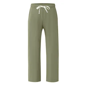 Pantalon ample en lin vert sauge pour hommes avec taille élastique et cordon blanc