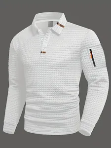 Polo da Uomo a Manica Lunga Texture a Nido d'Ape Patchwork Top con Tasca con Cerniera sulla Manica Abbigliamento Moda