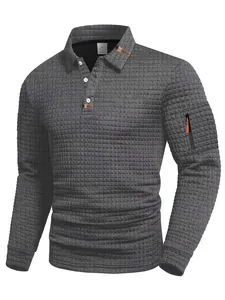 Polo uomo manica lunga grigio scuro trama a nido d'ape con tasca zip sulla manica