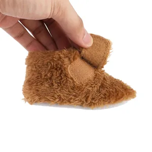 Soft brown plush baby walker shoes with adjustable velcro strap for infants 0-1 years