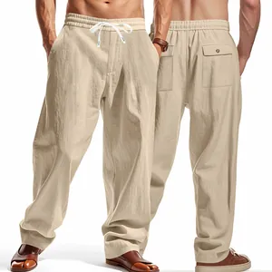 Vue détaillée avant et arrière du pantalon ample en lin beige pour hommes, lien serrage.