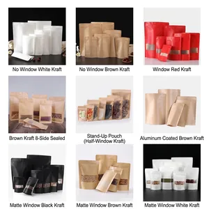 Multi-style thickened Kraft paper stand-up pouches for food storage and packaging.