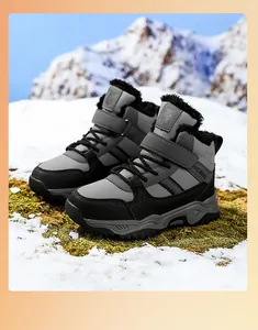 Grey and black children's winter snow boots with warm fur lining and thick soles