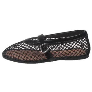 Ballerines en résille noire respirante pour femmes avec boucle en métal argenté élégante