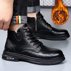 Bottines Martin en Cuir Véritable pour Hommes Doublées de Polaire Bottes de Travail d'Hiver Chaudes Rétro Coupe Moyenne Antidérapantes Semelle Épaisse Fermeture Éclair Latérale Bottes Décontractées