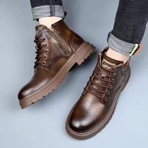 Bottes Martin en cuir marron pour hommes avec doublure polaire chaude et semelle épaisse