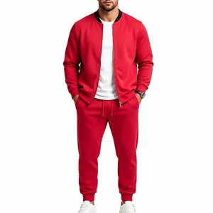 Complete visual detail of a red men's baseball jacket and jogger set in athletic style.