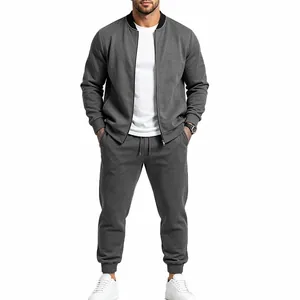 Full view of a men's grey casual tracksuit featuring a bomber jacket and joggers.