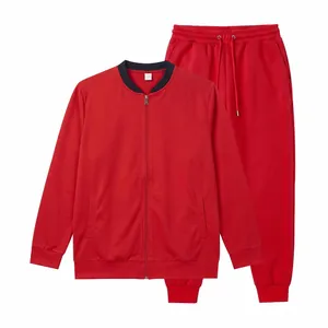 Detail showing a vibrant red men's casual tracksuit set with a zip-up baseball jacket