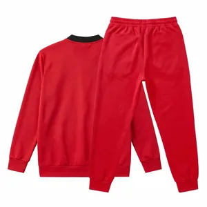 Detailed back view of a vibrant red men's tracksuit with a baseball jacket and joggers.