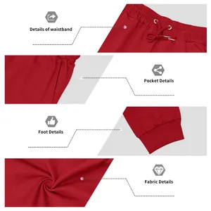 Detailansicht der roten Herren-Sporthose mit Bund, Tasche, Bündchen und Stoffstruktur