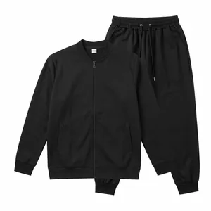 Black men's sports tracksuit set with casual zip-up baseball jacket and jogger pants.