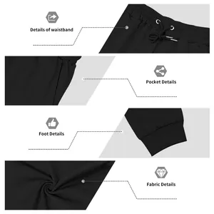 Detailansichten der schwarzen Sporthose inklusive Bund, Taschen und Stofftextur