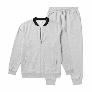 Detailed view of a light grey men's casual tracksuit set featuring a baseball collar jacket