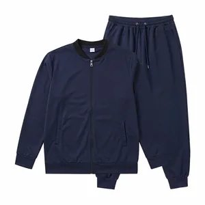 Detailed view of navy blue men's sports tracksuit set with bomber jacket and pants