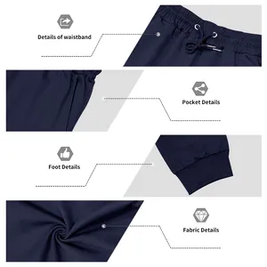 Detail view of navy blue men's joggers showing waistband, pocket, cuff, and fabric texture.