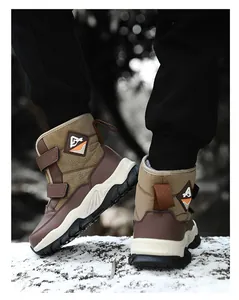 Warm lined kids snow boots with anti-slip soles presented in a realistic outdoor snow scene.