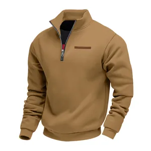 Sweat-shirt kaki uni pour hommes avec col montant et fermeture éclair quart de zip
