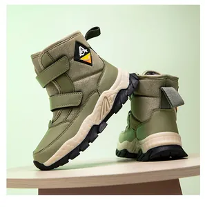 Detail view of boys olive green winter snow boots with warm fleece lining and anti-slip sole