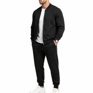 Men's black casual sports suit with zip-up bomber jacket and matching joggers