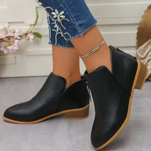 Women's black pointed-toe ankle boots with chunky heel and back zipper, casual chic style