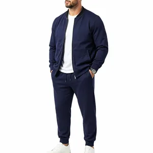 Men's navy blue casual sports baseball jacket and jogger pants set for autumn wear