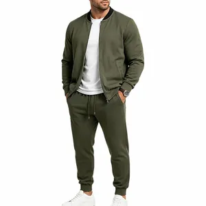 Men's olive green casual tracksuit set featuring a zip-up baseball bomber jacket and joggers.
