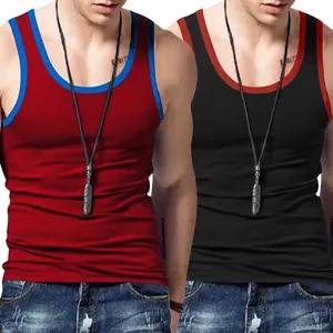 Débardeurs de fitness homme côtelés en blocs de couleurs rouge/bleu et noir/rouge.