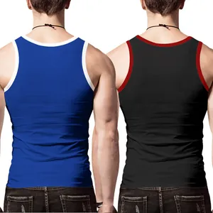 Vue arrière détaillée des débardeurs de fitness pour hommes en bleu et noir