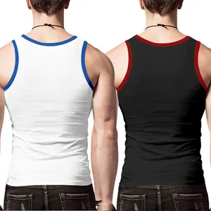 Vue de dos de débardeurs côtelés ajustés pour hommes en blanc/bleu et noir/rouge.
