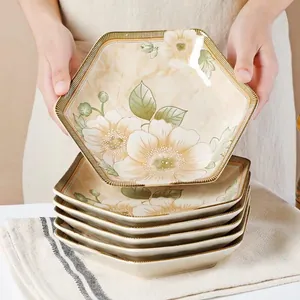 Retro Camelia Zeshoekige Keramiek Bord Scandinavische Creatieve Onregelmatige Diepe Dinerbord Voor Huis Keuken Ontbijt Salade Fruit