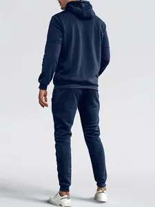 Back view of a men's navy blue casual hooded tracksuit set designed for autumn and winter